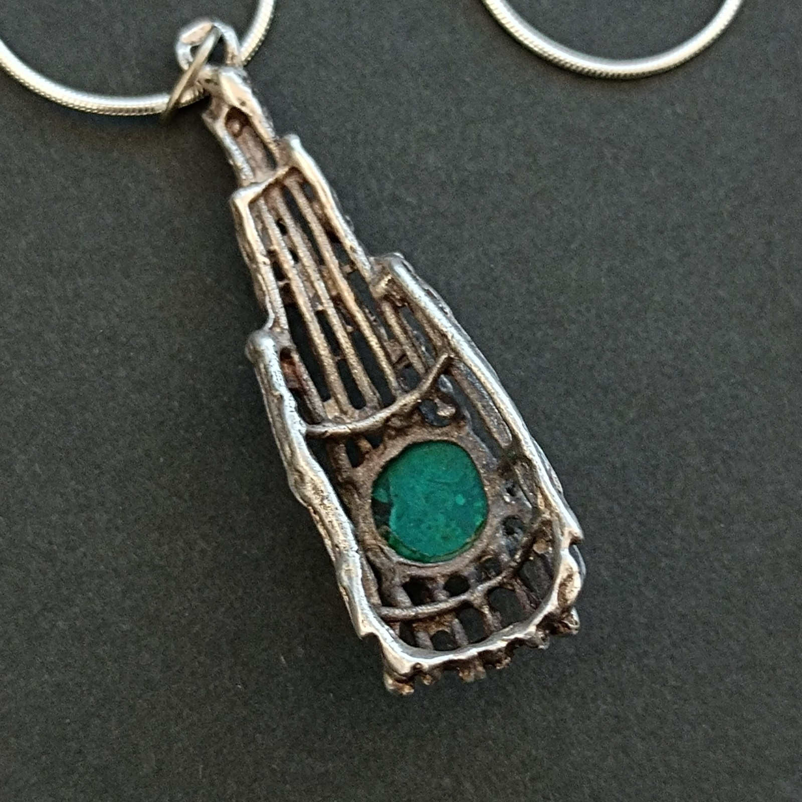 Modernist Brutalist Eilat Stone Pendant Necklace Sterling Silver Israeli 70s VTG
