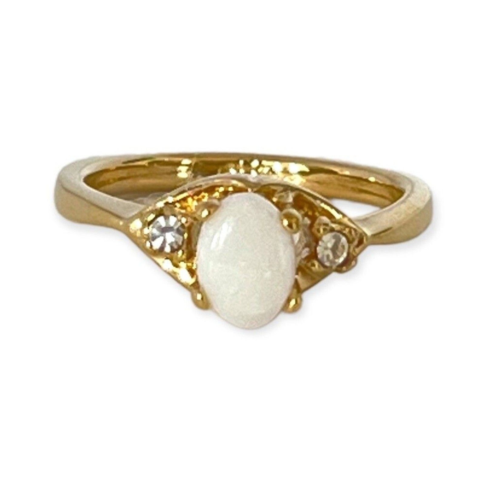 Vintage 1970s Uncas Opal Ring Size 7 14K Gold Plate Austrian Crystal -14M