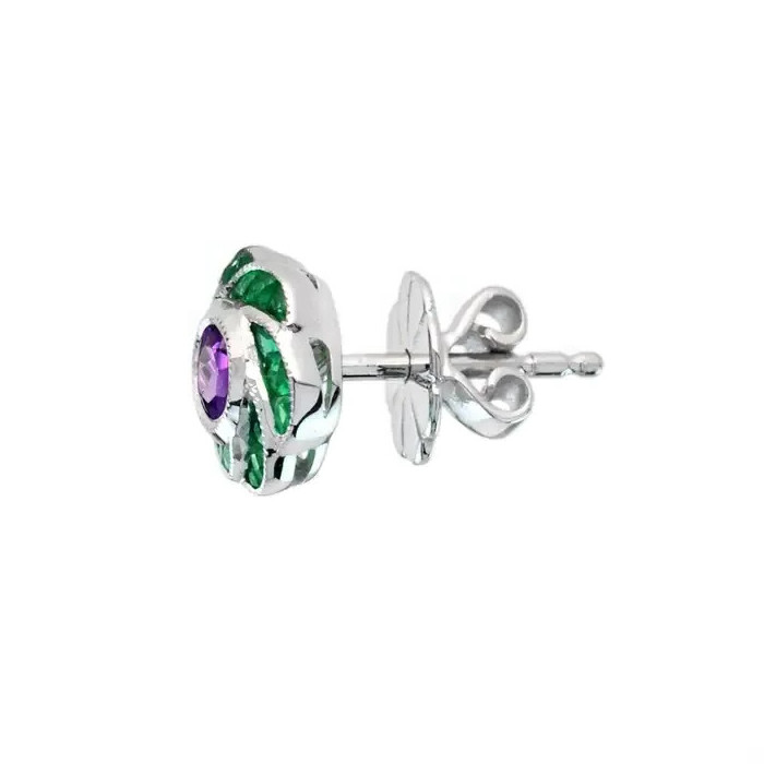 Art Deco Style Round Amethyst and Emerald Floral Stud Earrings 14K White Gold FN