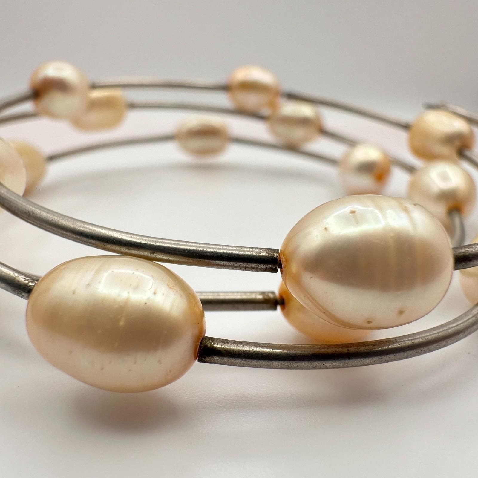 Vintage 90s Multi Strand Pearl Coil Wrap Bracelet Silver Tone Women’s Jewelry