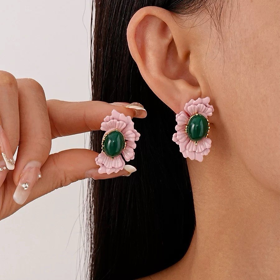 Pink Enamel Floral Earrings with Green Jade-Style Center-Vintage Style