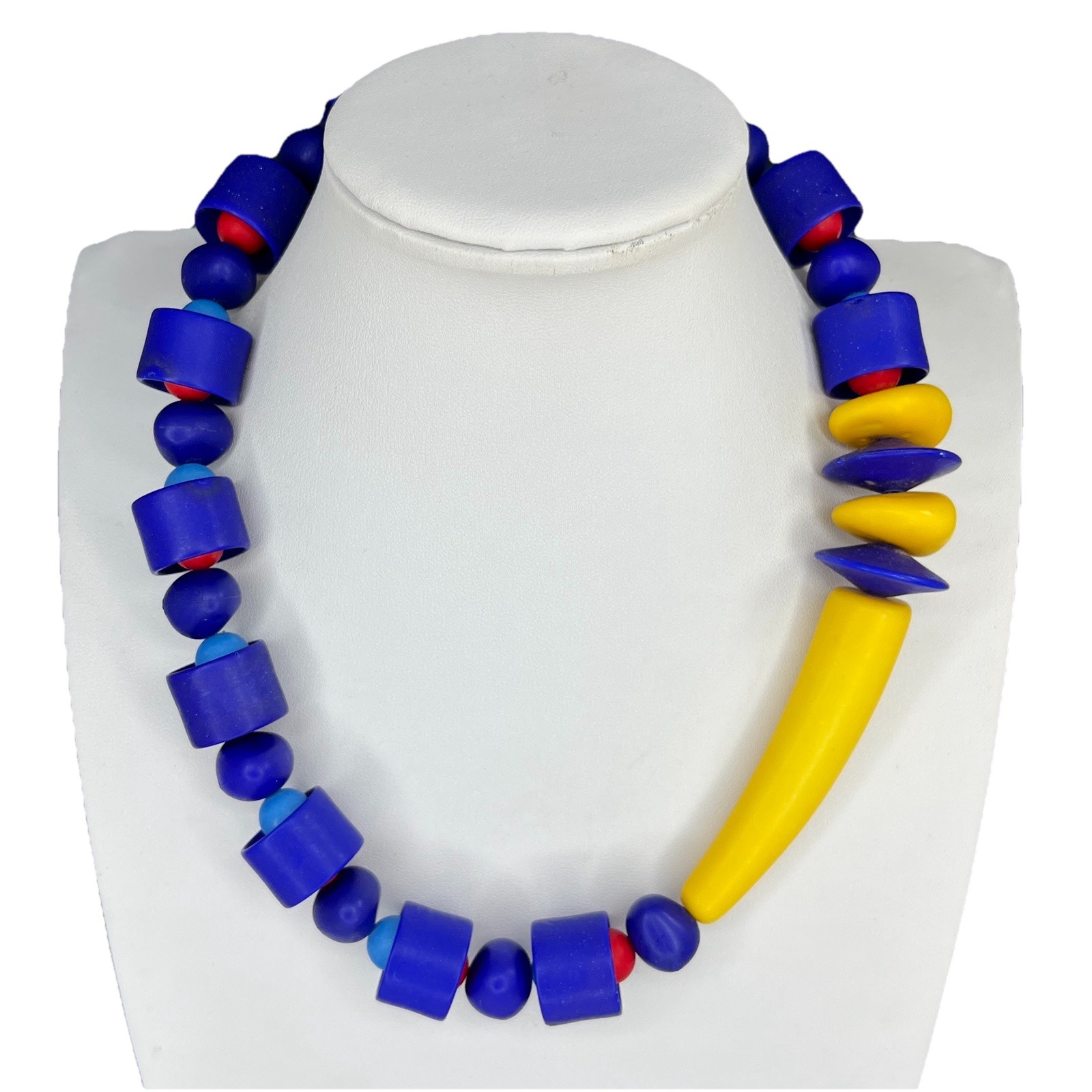 Vtg Modernist Beaded Necklace Bauhaus Red Yellow Blue Plastic Statement Choker