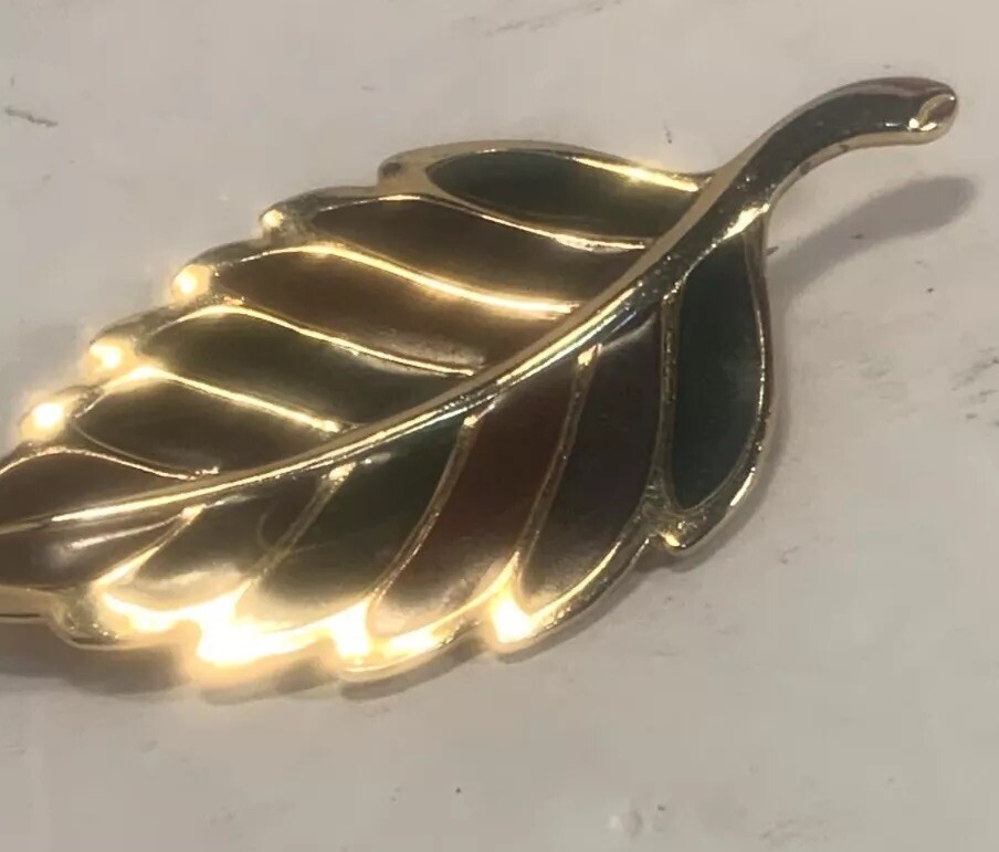 Gold Colored Metal, Red and Green Enameling, Leaf Pin/Brooch, Fall, Christmas
