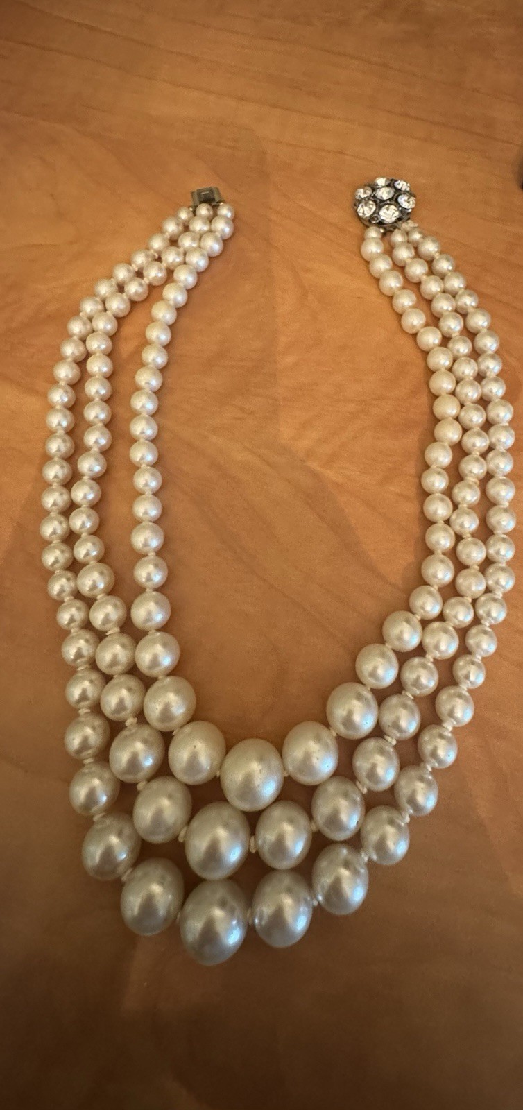 Antique Three Strand Hand Knotted Pearl Graduated Necklace Rhinestone Clasp