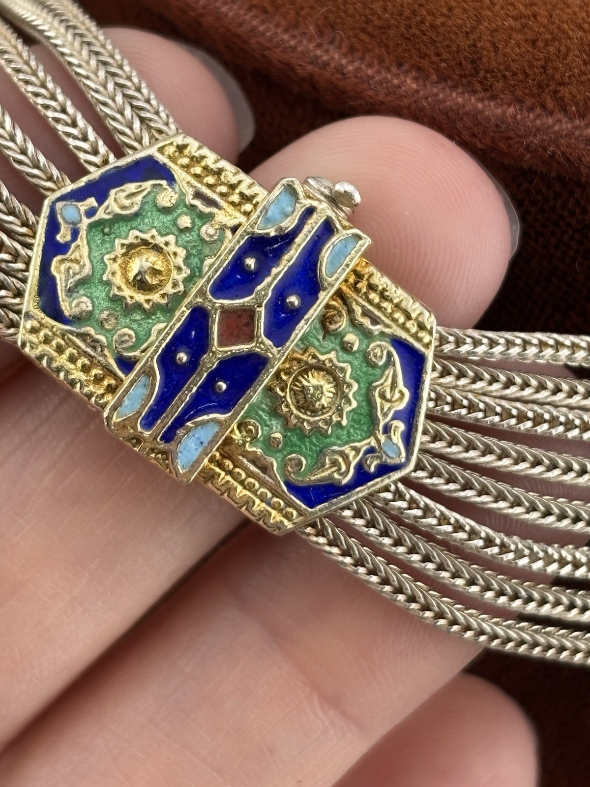 Vtg Anatoli Sterling Silver Enamel Necklace Gold Vermeil Station Pendants 17″