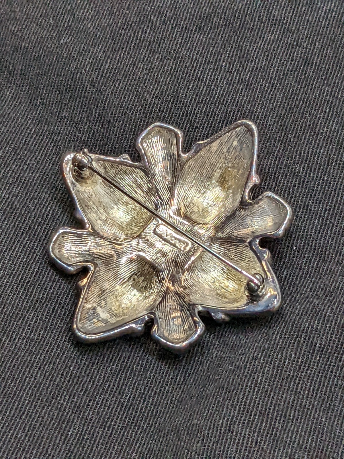 Vintage Monet Gothic Revival Brooch Ornate Silver Tone Pin Black Faux Onyx 70s