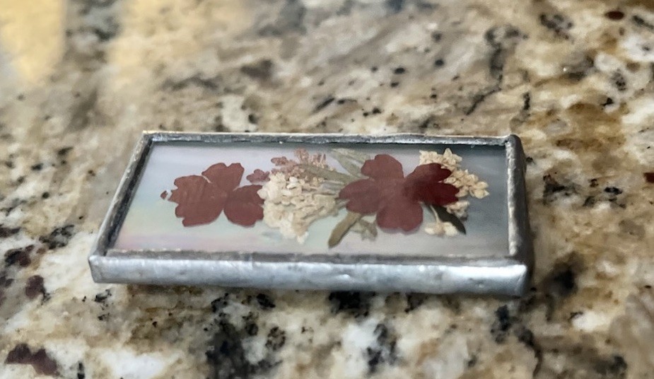 Vintage Handmade Iridescent Glass Pressed Dried Flower Silver 2” Framed Brooch
