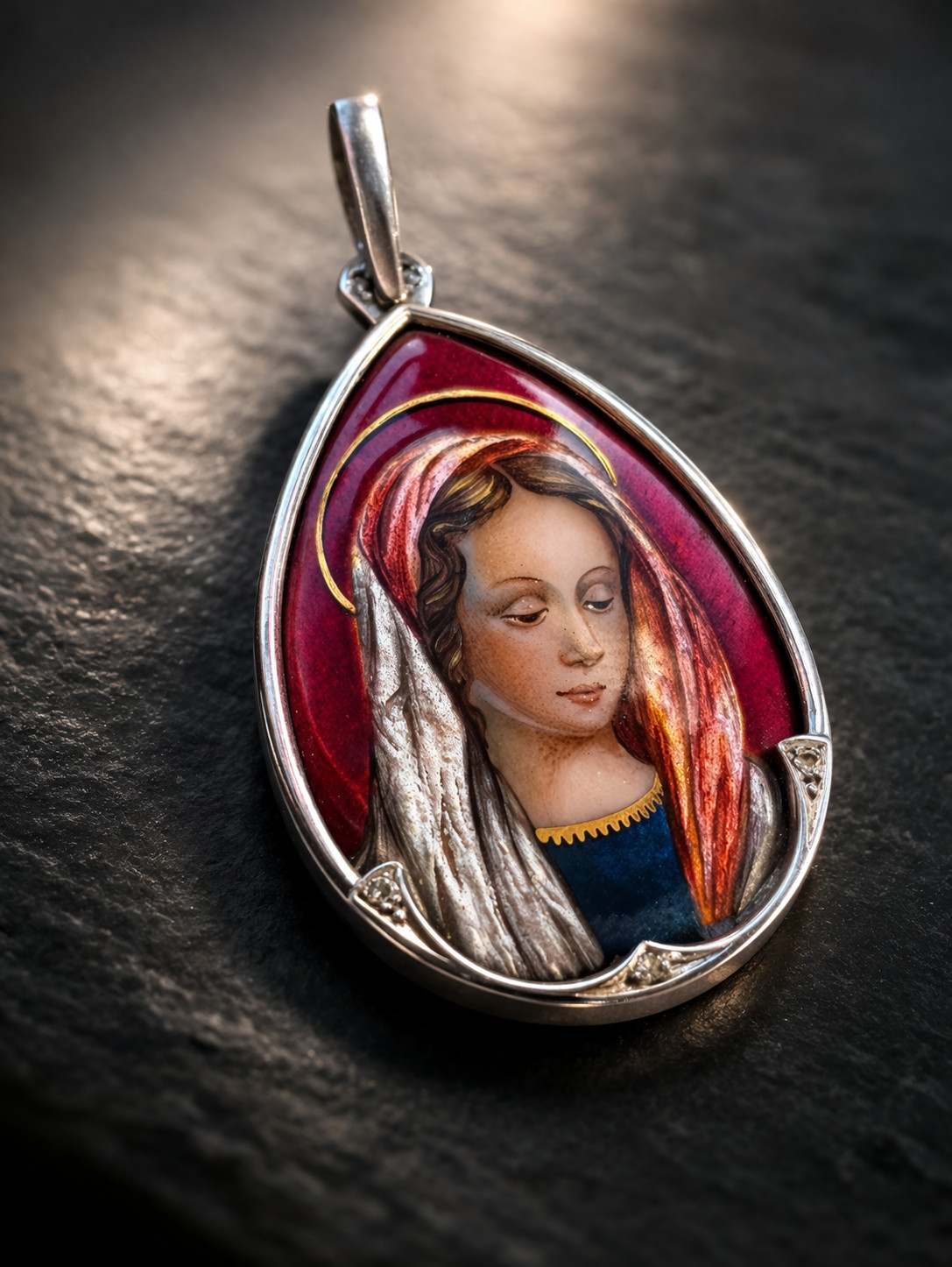 Fine Antique Art Nouvea 18K 18CT Gold Enamel Virgen Mary Medal Pendant Ca XIX
