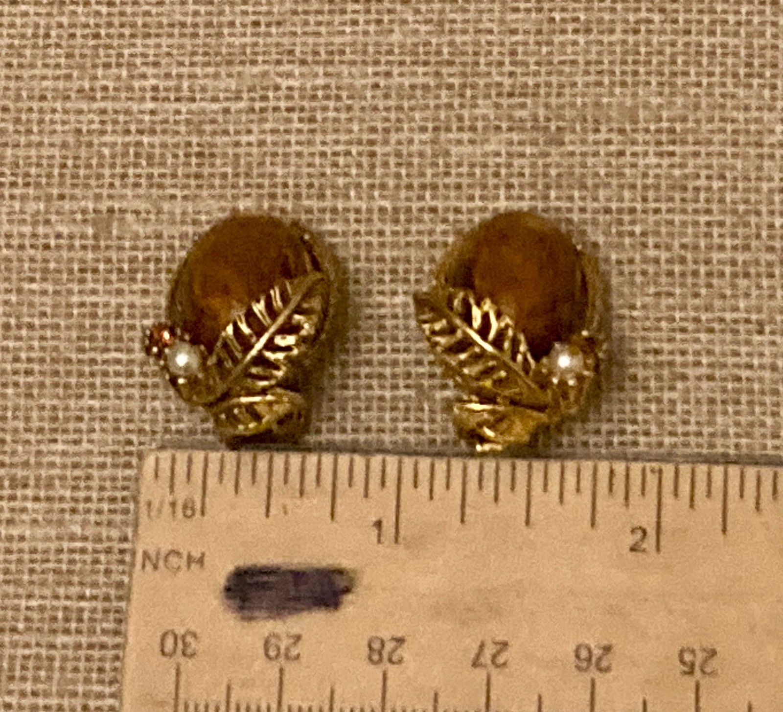 Vintage Faux Amber Glass Cabochon Earrings Gold Tone Leaf Faux Pearl Accent Clip