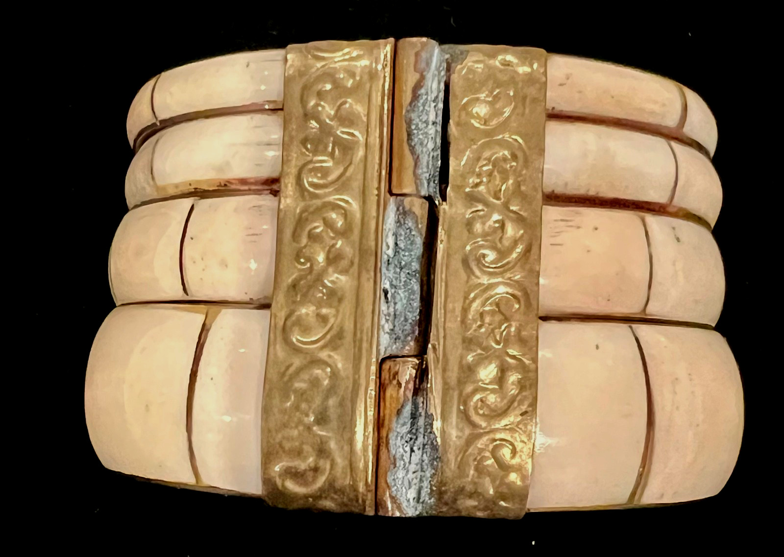 Vintage Wide Bovine Bone & Brass w/Pin Open Hinge Bangle Bracelet