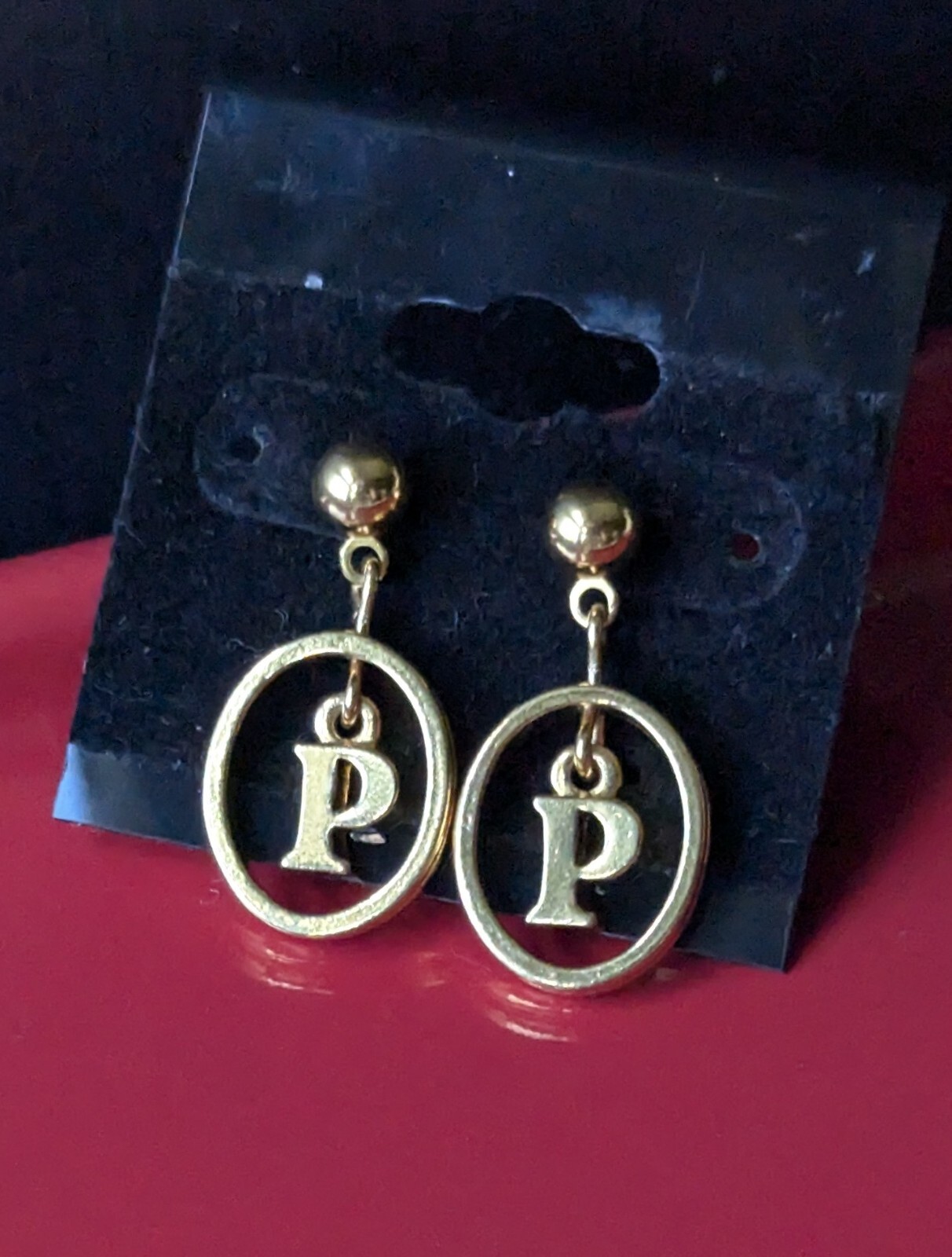 Vintage Pair GOLD Tone POST Stud DANGLE Monogram Letter P Initial 1″ EARRINGS