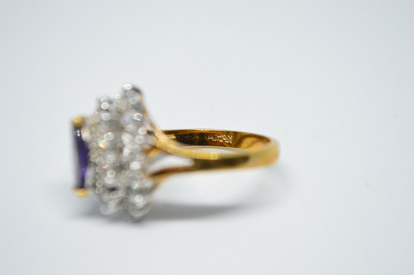 Purple Clear Glass Rhinestone Cocktail 14kt Gold Plated HGE Ring Size 7.5