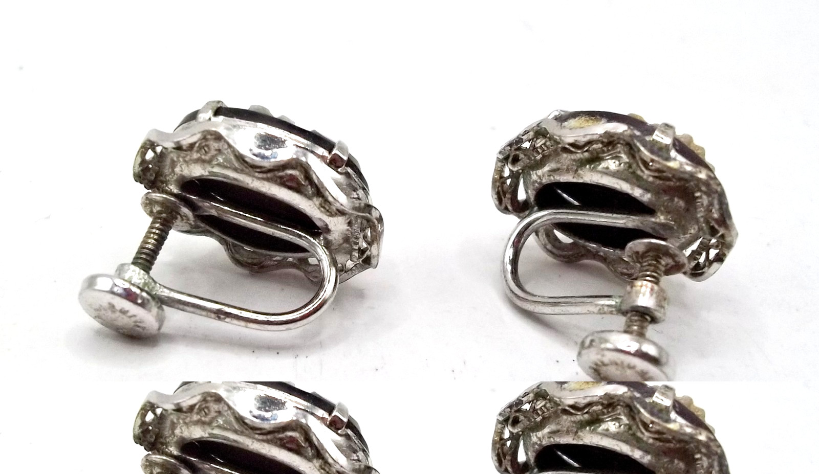 Vintage 1950’s Signed Sorrento AC Sterling Silver Carved Cameo Screw Bk Earrings