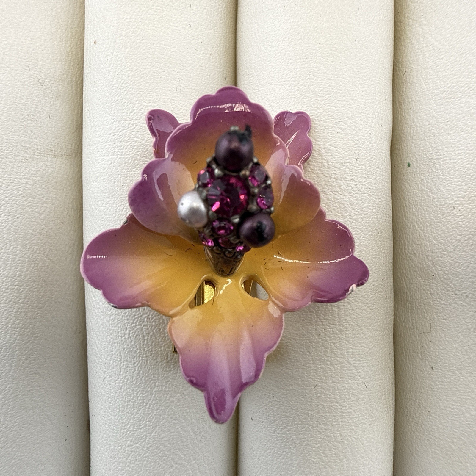 Vintage Joan Rivers Earrings Orchid Flower Floral Enamel Clip On Pink Purple