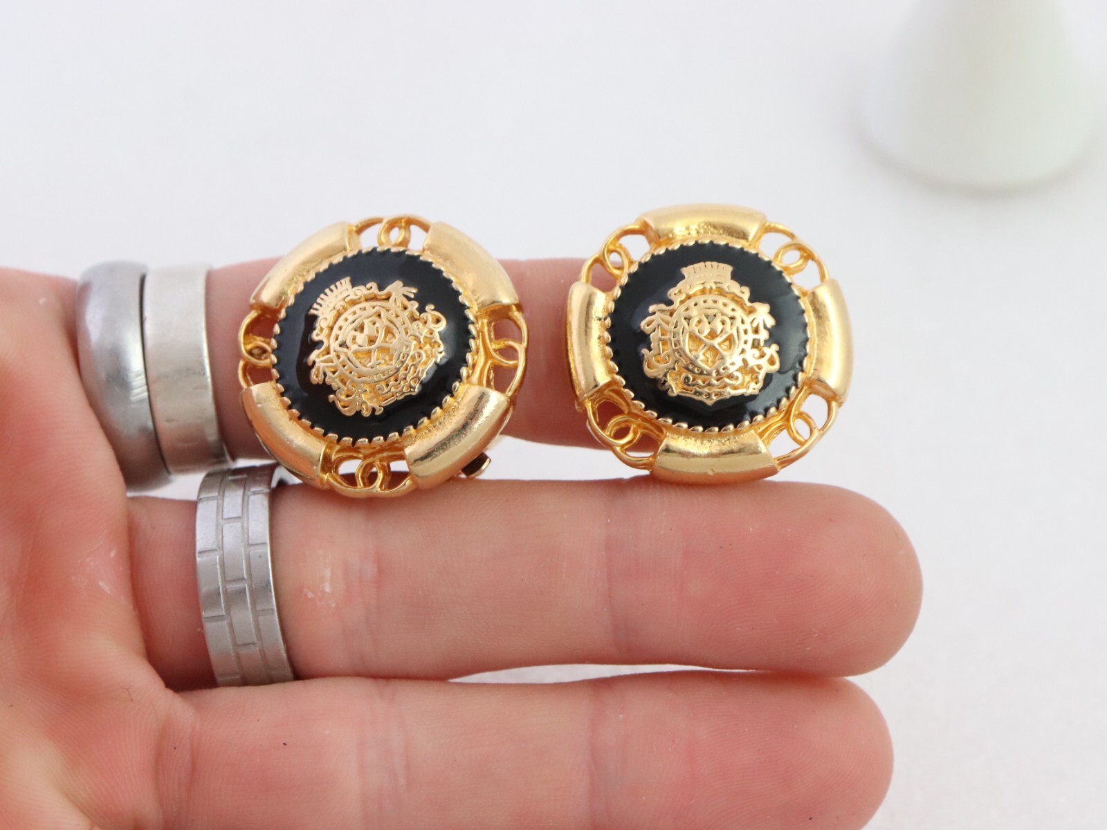 Vintage Gay Boyer Nautical Clip Earrings Round Dome Black Enamel Gold Tone