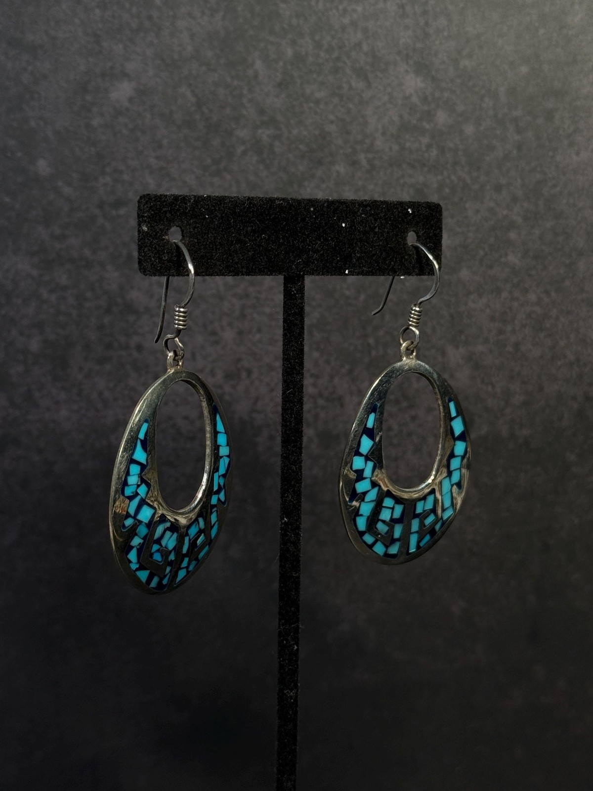 Taxco Sterling Silver Turquoise Chip Inlay Dangle Earrings TC-29
