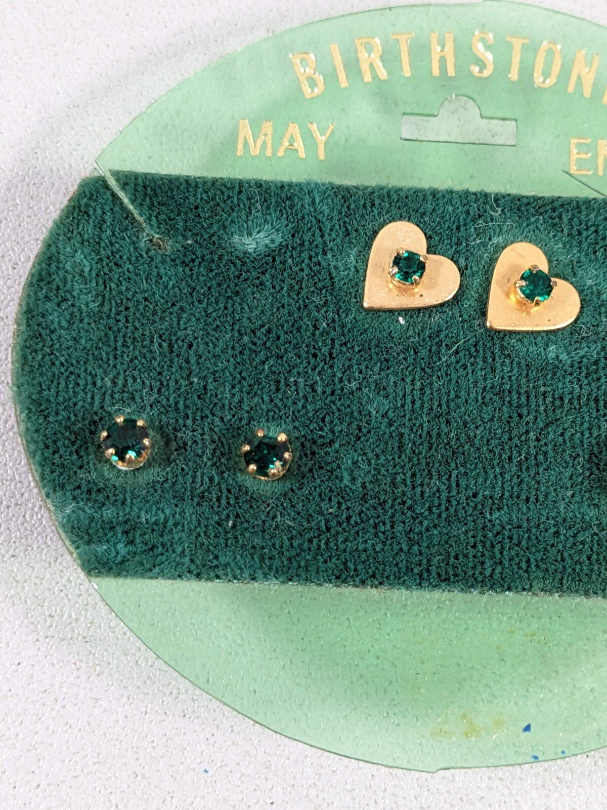 Vintage Goldtone May Birthstone Green Stud Pierced Earrings Heart Round Set of 3