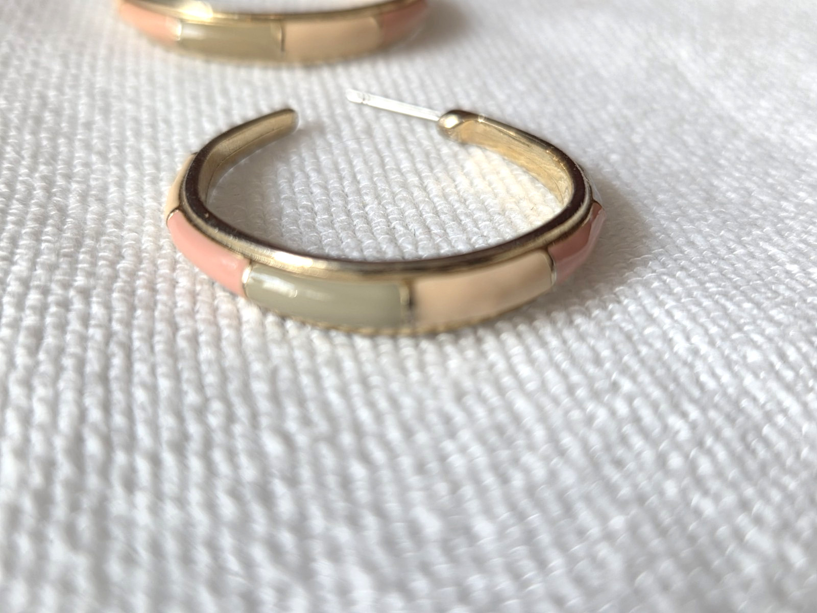 Vintage Express Gold Toned Pierced Hoop Earrings With Muted Pink & Green Enamel