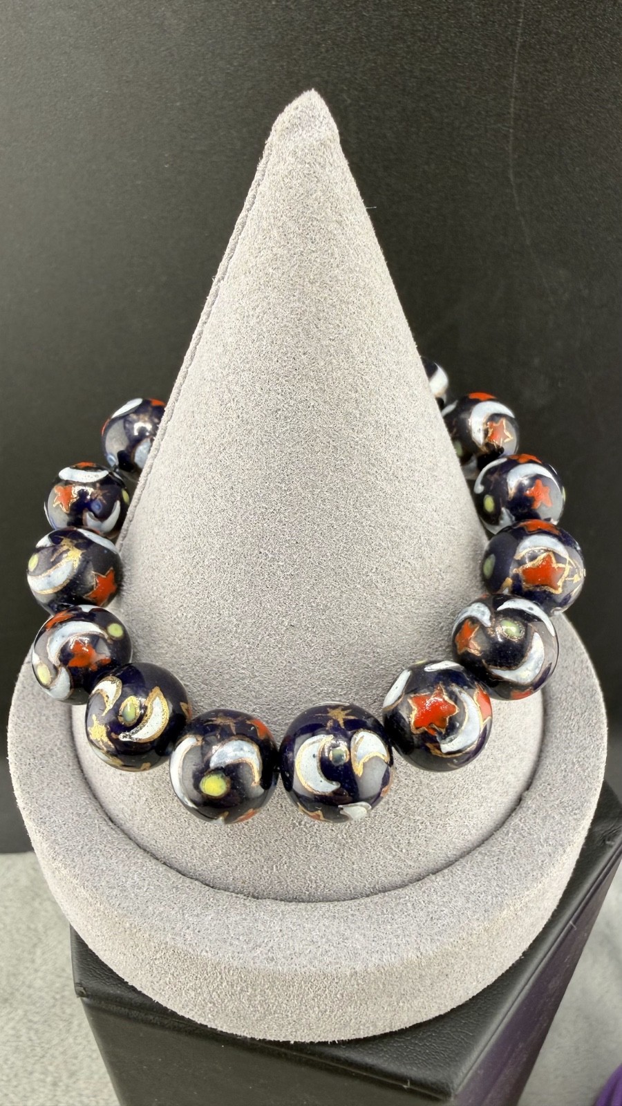Vintage Glass Beaded Bracelet Stretch Marble Star Moon Sun Celestial 6.5”