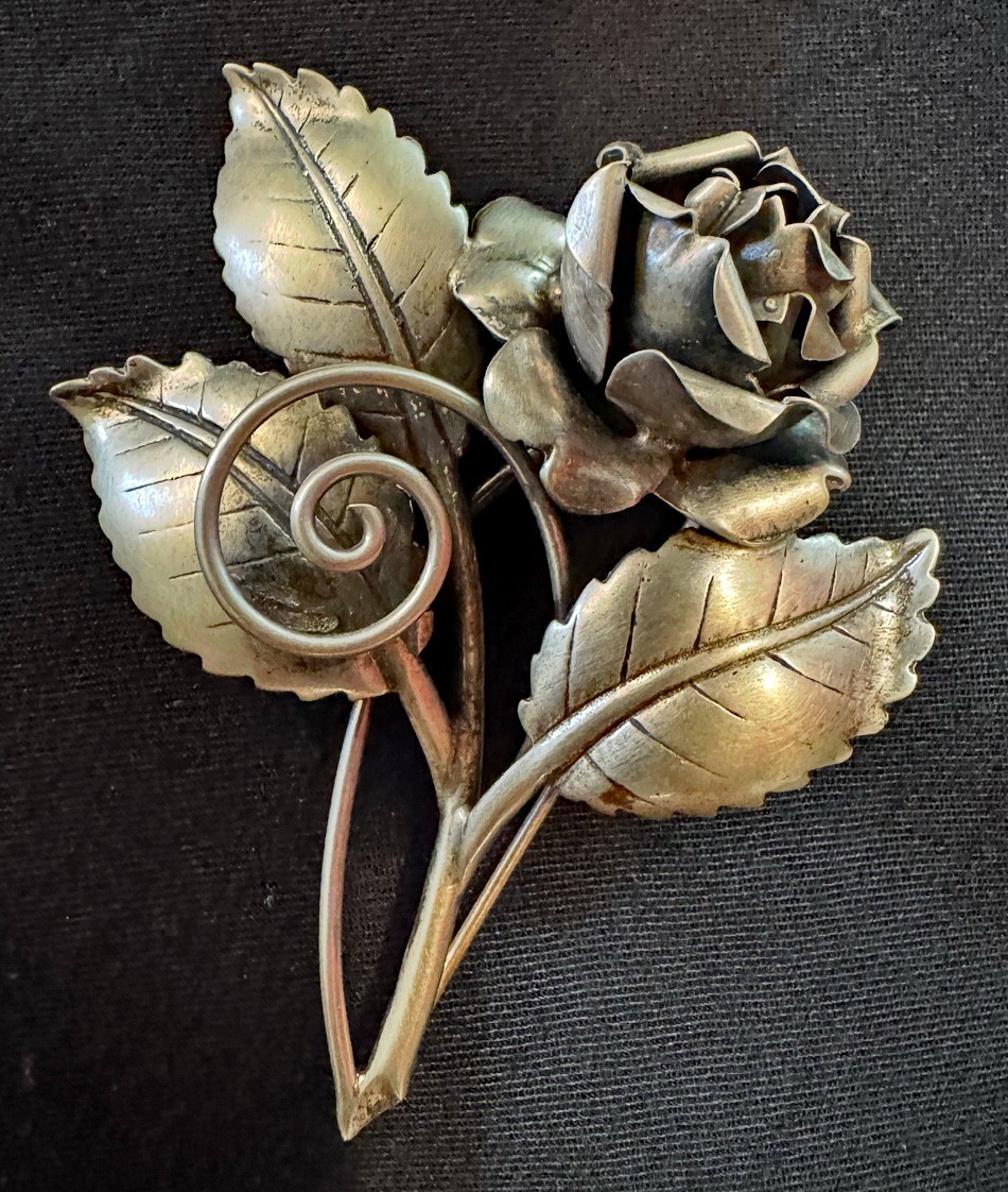 Vintage Sterling Silver Brooch: Rose and Petals, circa 1920s