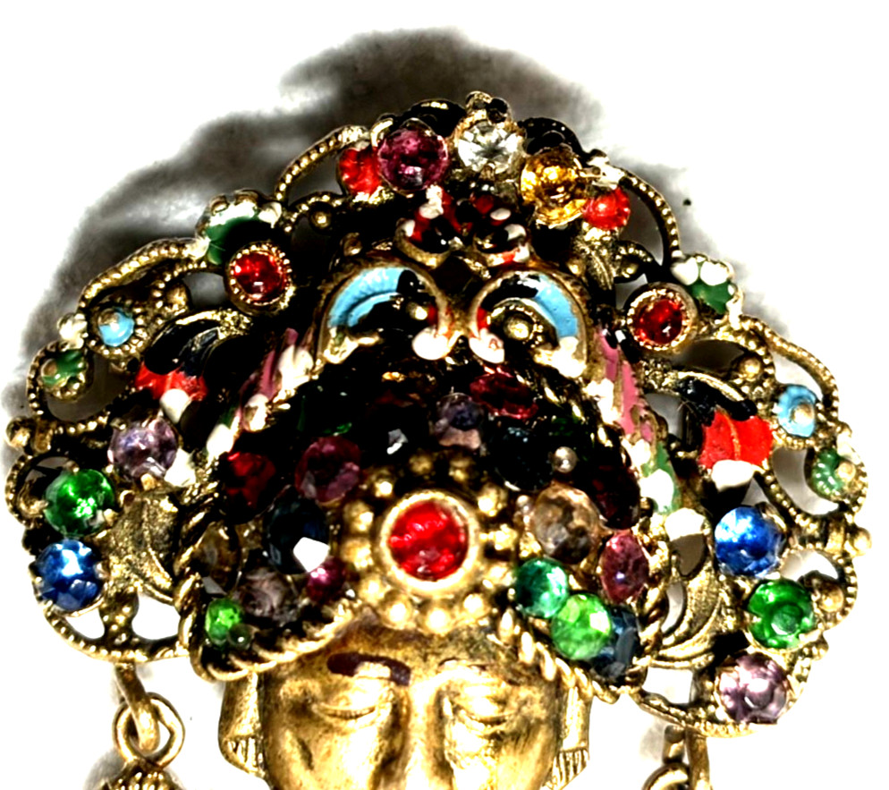 Antique Czech Art Deco Bohemian Glass Filigree Enamel Brooch Turban Sultan 1920s