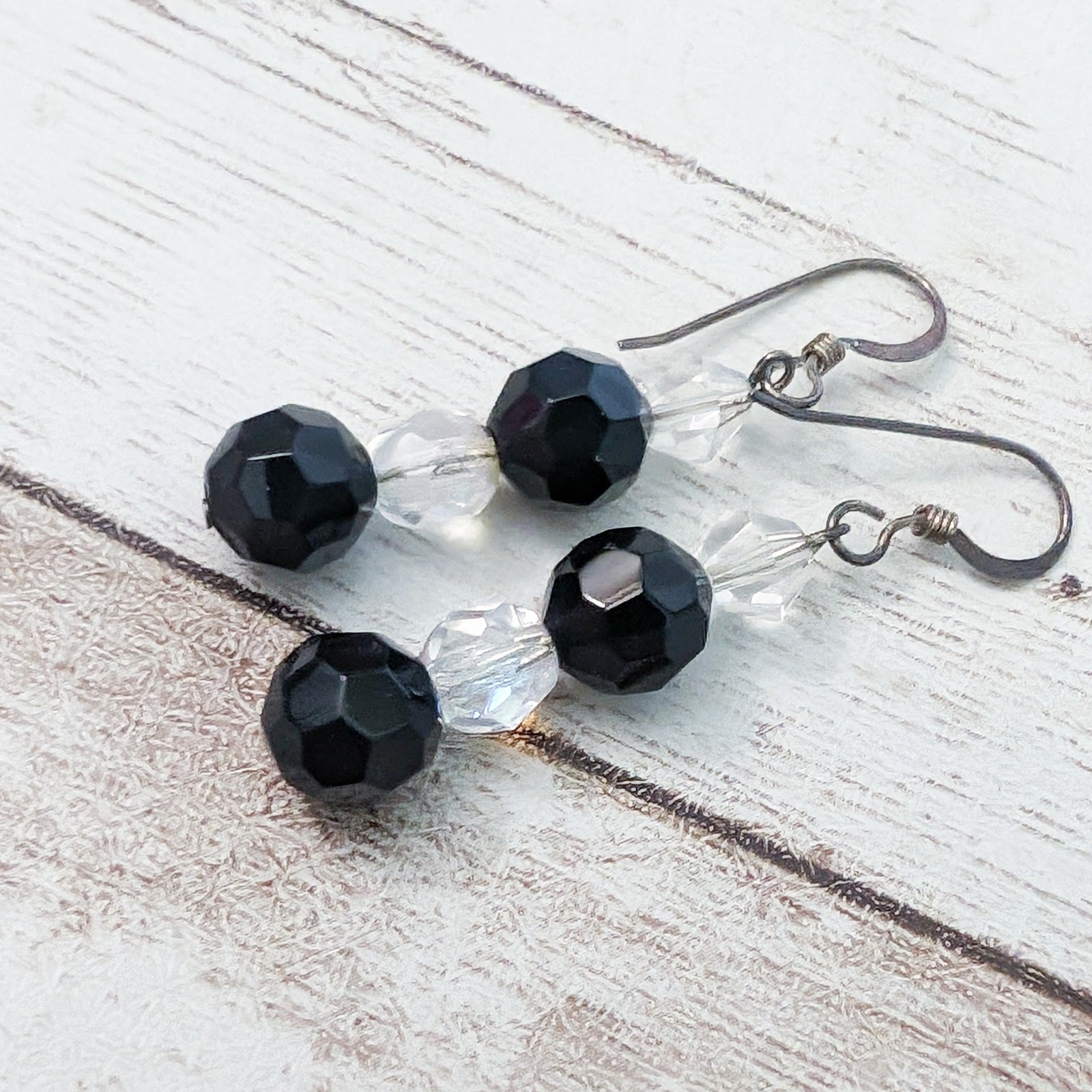 Vintage Earrings For Pierced Ears – Black & Clear Beaded Dangle