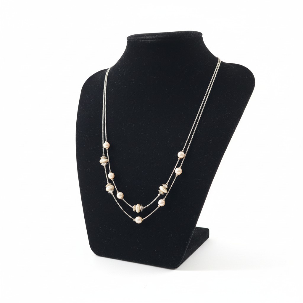 18″ Double Strand Gold-toned Chains W/Light-Colored Beads With Spacers Necklace