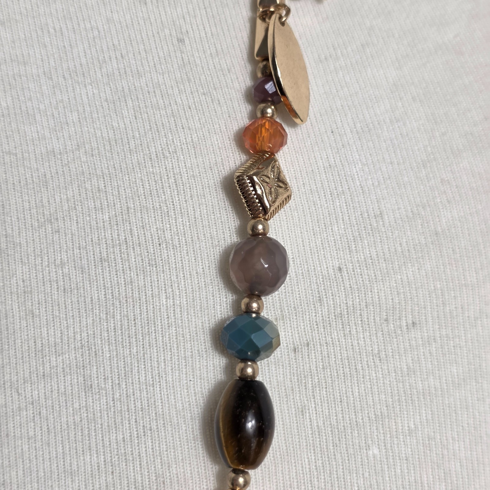 Cato Long Gold Tone Fashion Necklace Multi-Colored Beads & Leaf Charms