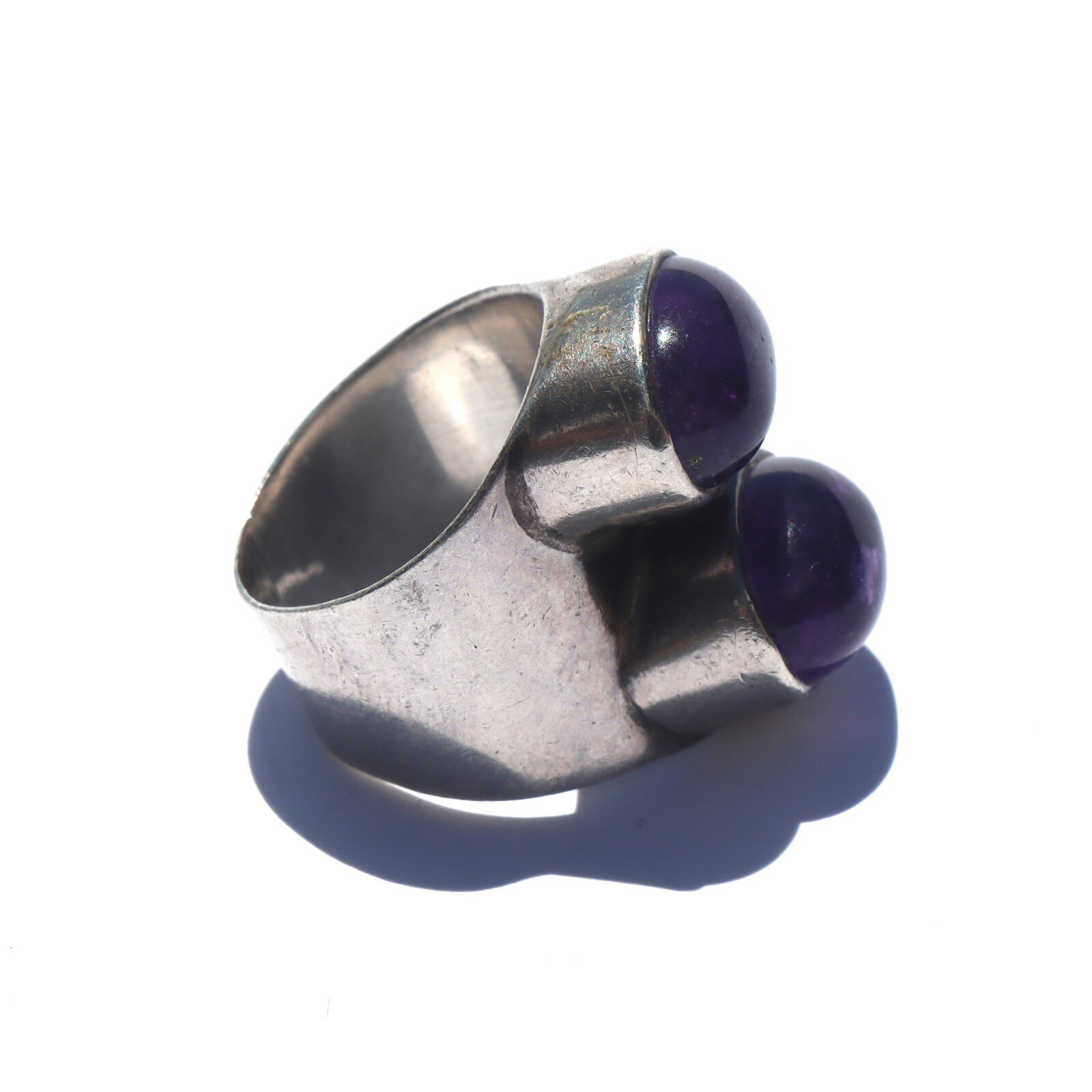 Estate Contemporary Sterling Silver Double Amethyst Statement Right Hand Ring sz