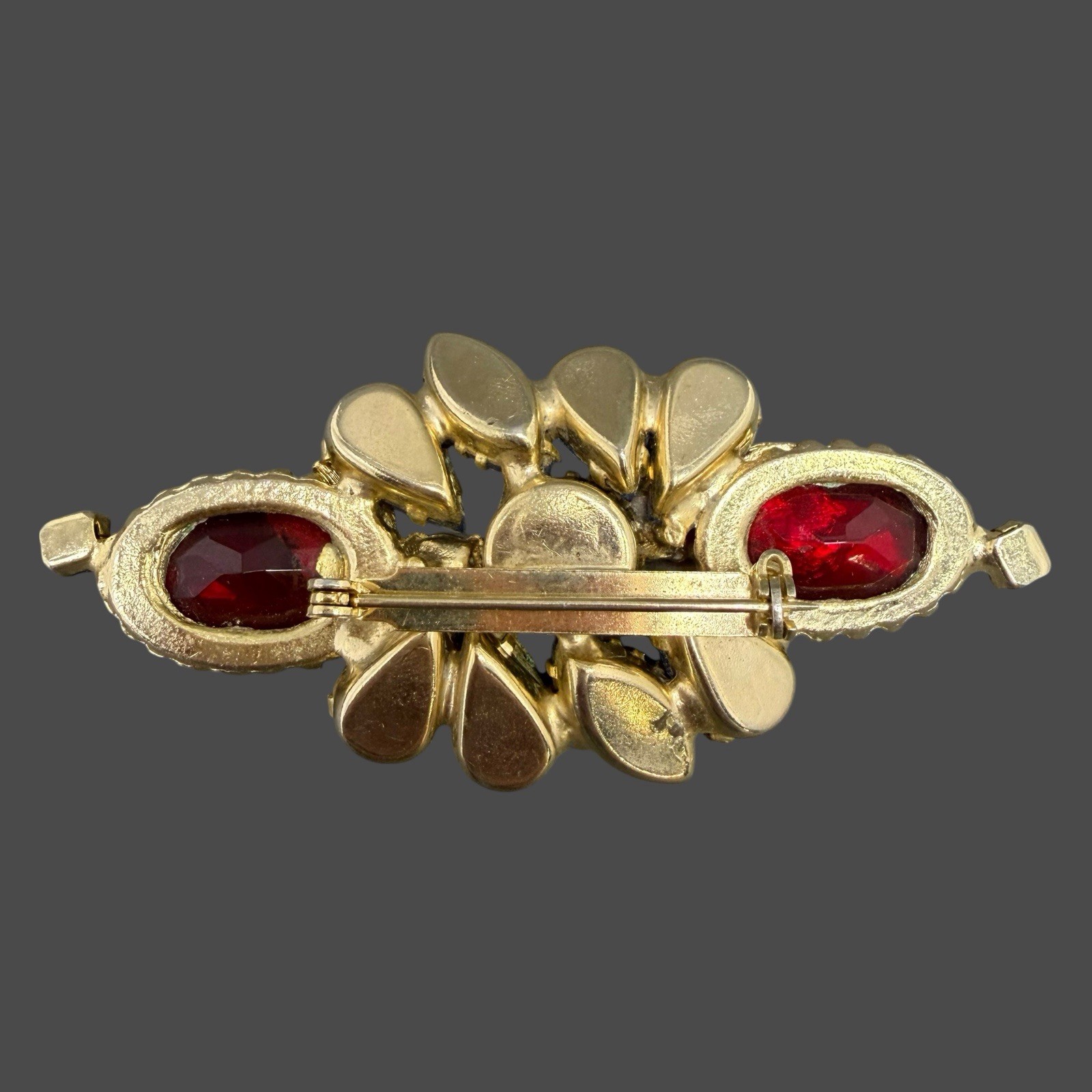 Vintage Gold Tone Red Cab Purple Pink Rhinestone Floral Linear Bar Brooch