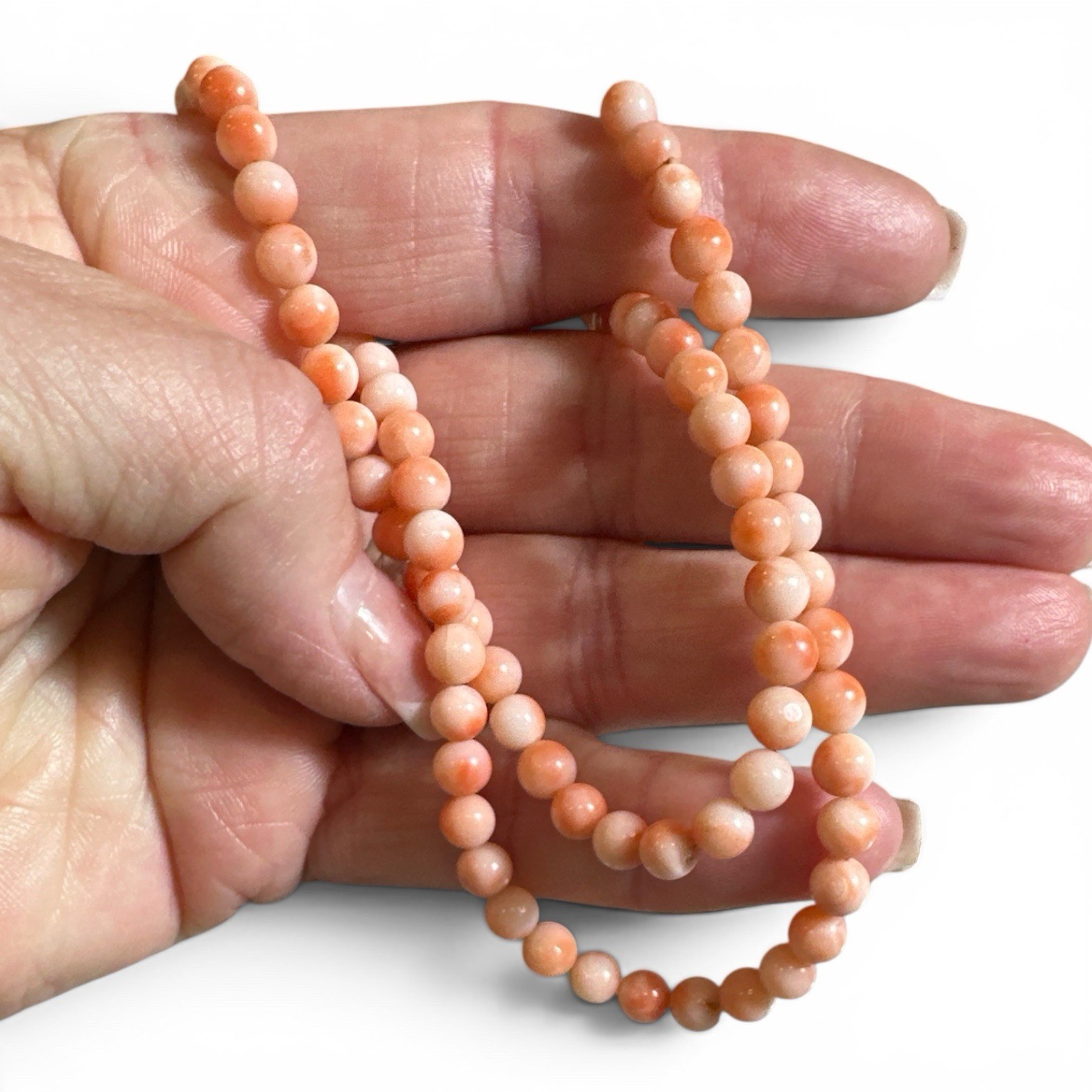 Vintage Angel Skin Salmon Coral Beaded Necklace 5mm 18gr 17”￼