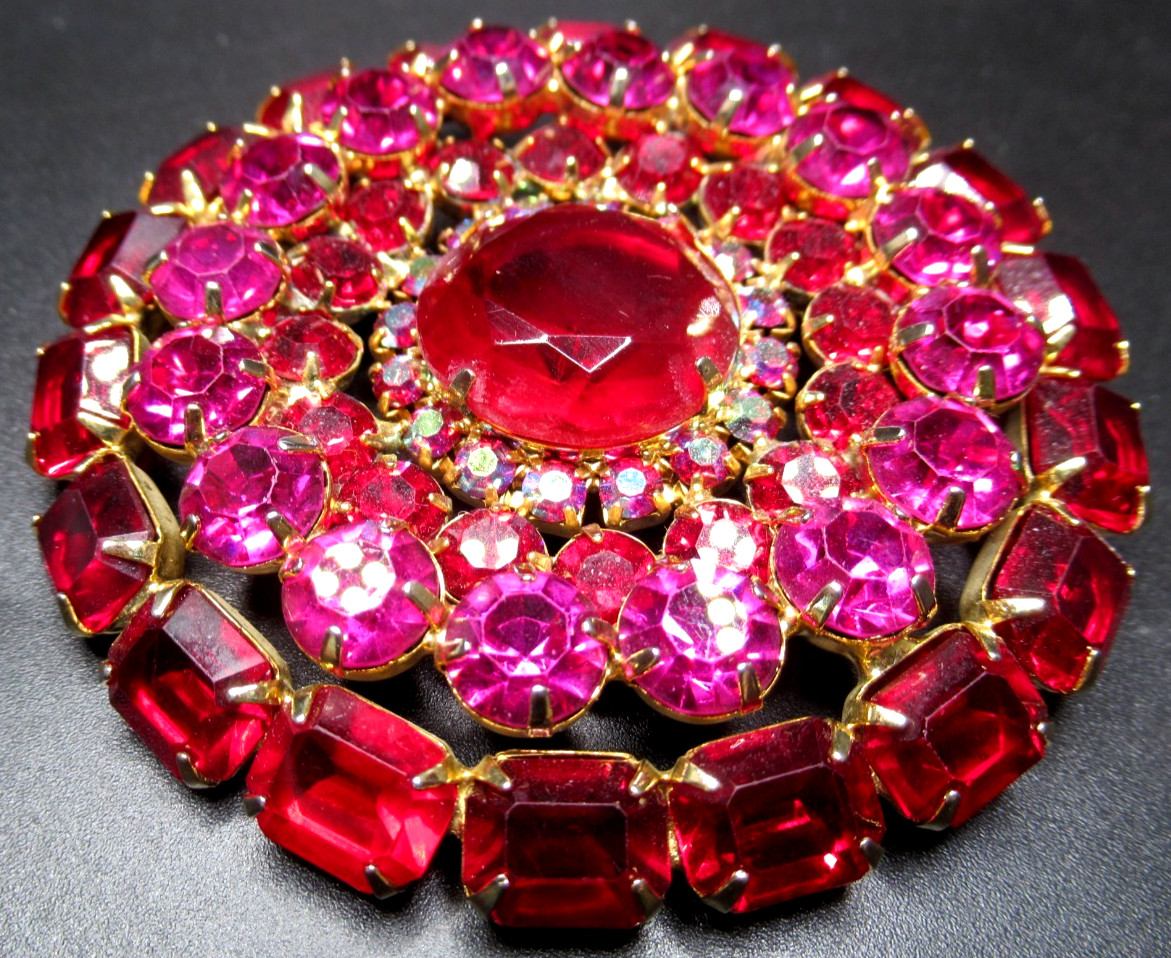 HUGE Fuchsia Pink & Red Rhinestone Vintage Pin Brooch