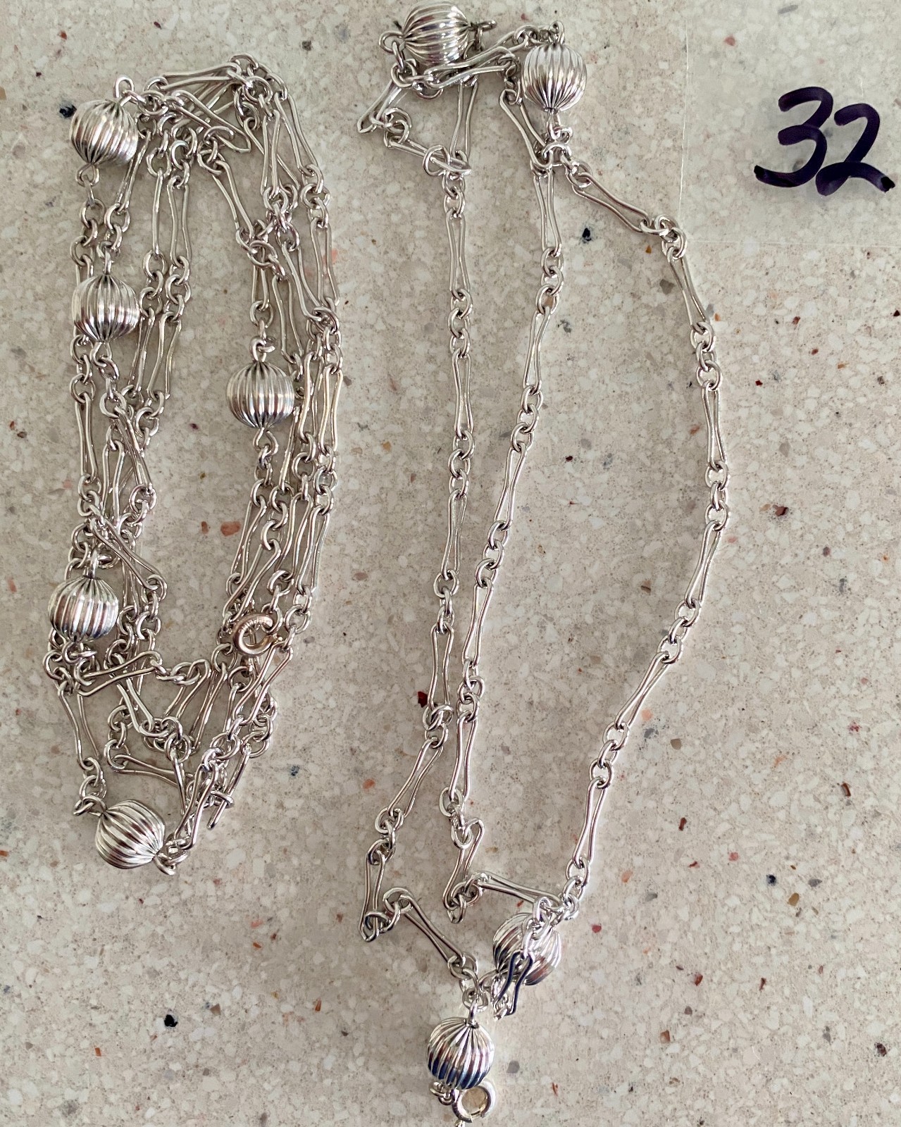 Vintage 925 Sterling Ball Bead Bar Link Necklace Set of 2 Layering 21″ & 34″