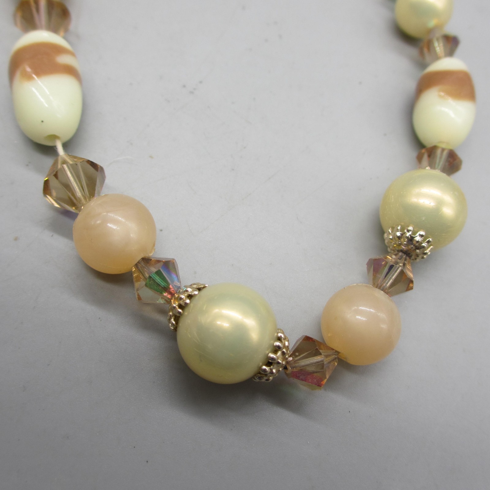 Vintage Glass Beaded Necklace Cream Peach White Brown 24 Inch