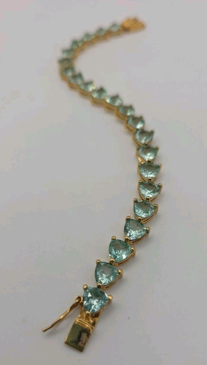 Aqua Blue Green Gold Vermeil Trillion Cut Faux Aquamarine Tennis Bracelet 6.75″