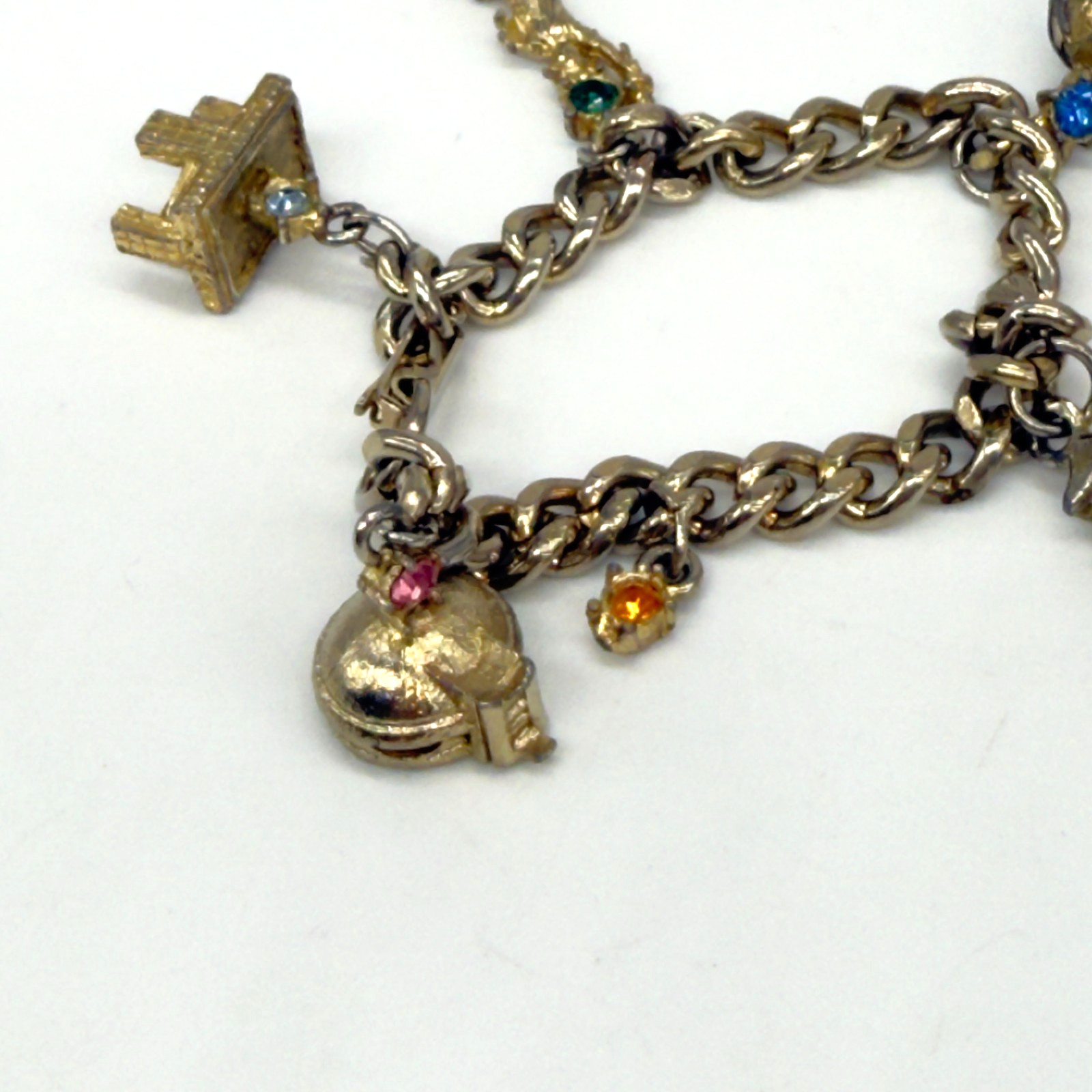 Vintage Jewelry Lot 2 Charm Bracelets Gold Tone Rhinestones Buildings Piano