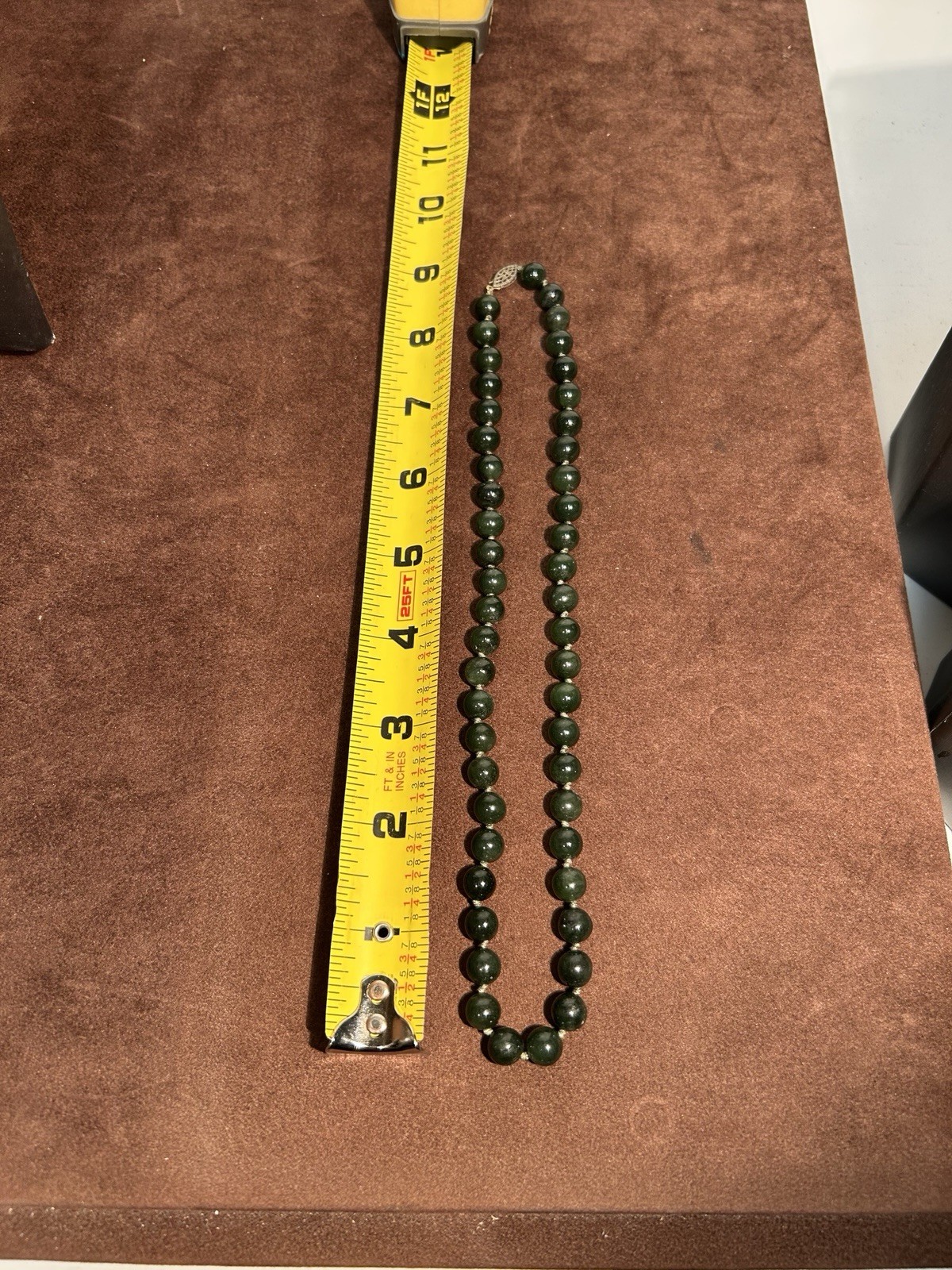 Vintage Nephrite Jade Bead Necklace Dark Green Graduated Gold Filled Clasp