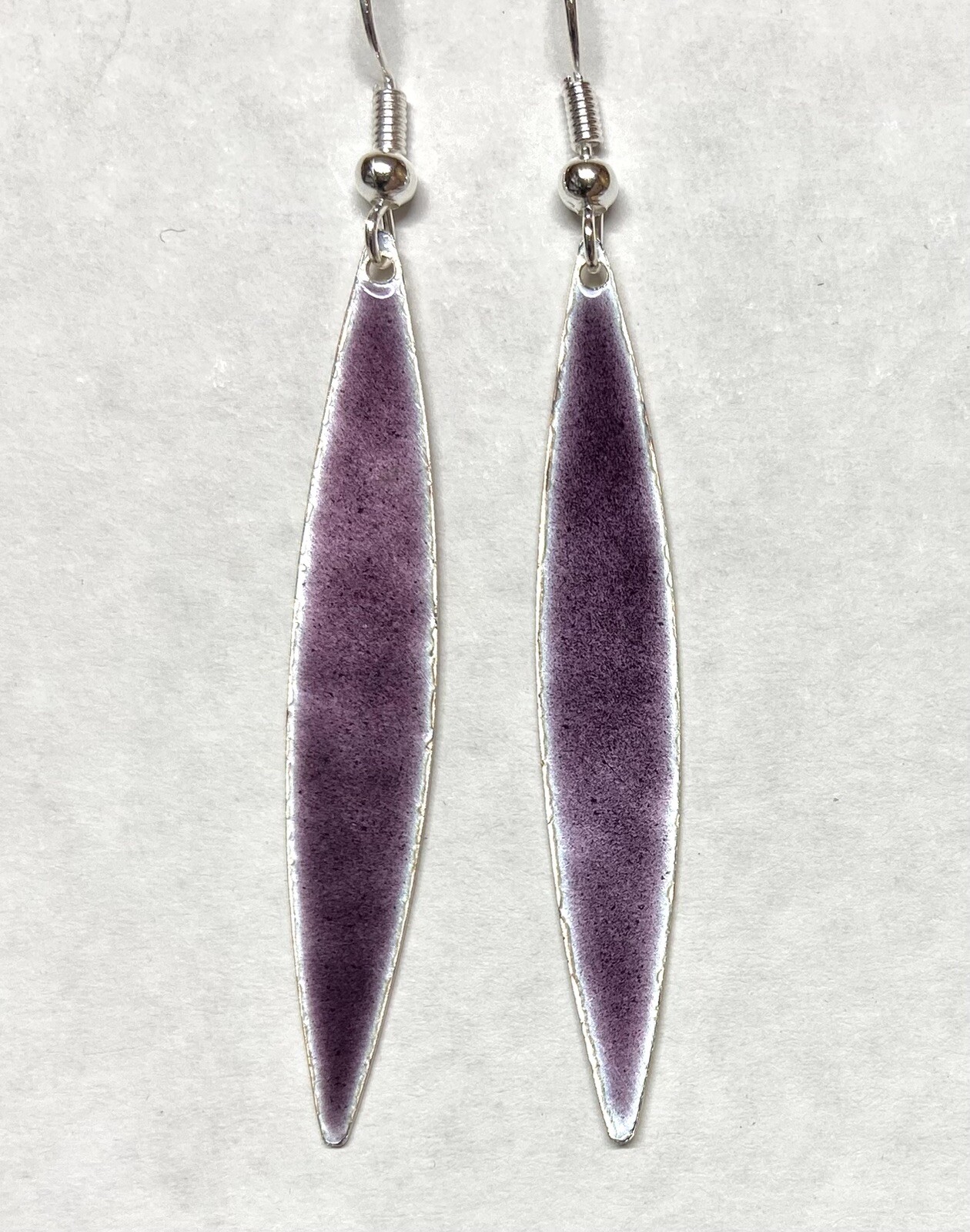 Vintage Purple enamel on Silver long Dangle Pierced Earrings- 2″ long