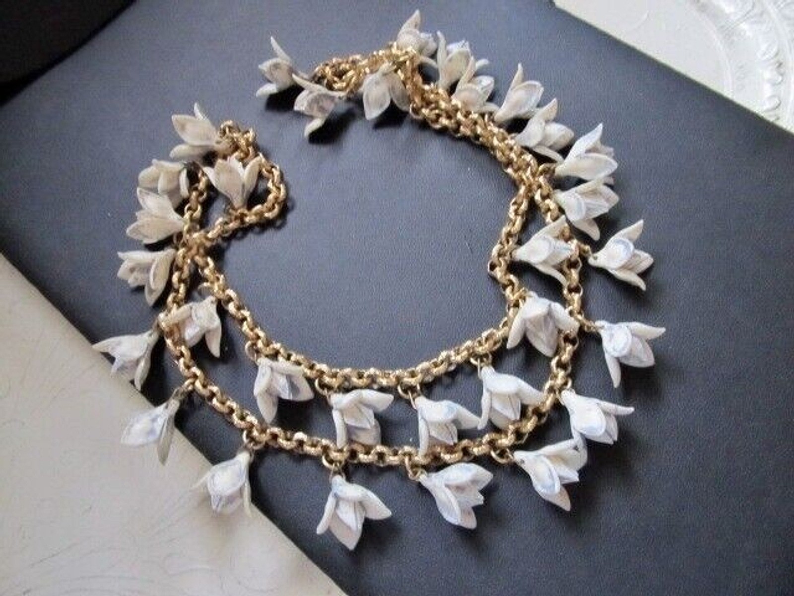 VtG Brass Chain Link Garland Necklace w Molded Plastic Flower Bud Dangle Charms