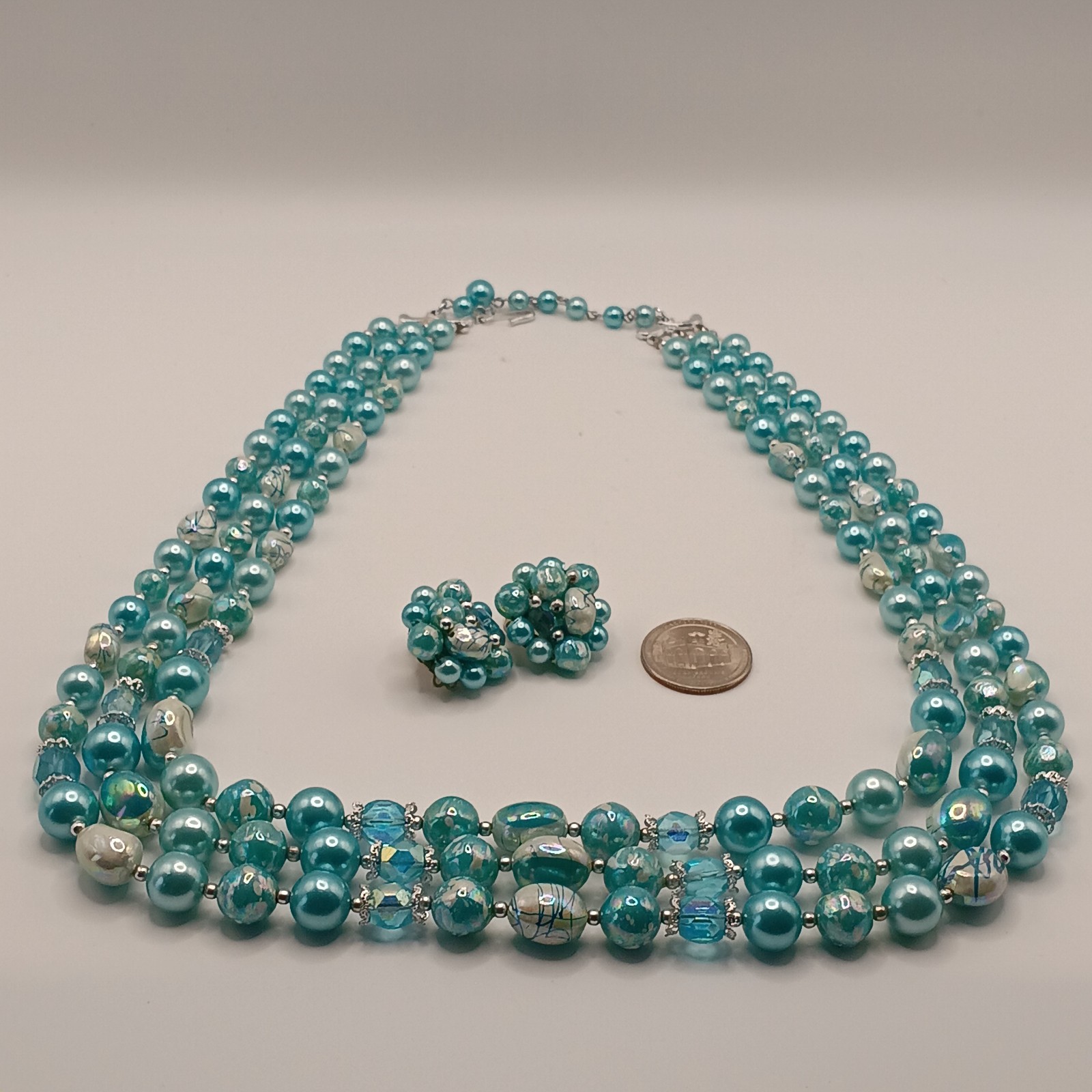 VTG Blue/AB Bead Demi Parure 3 Strand Stamped Japan Necklace And Clipon Earrings
