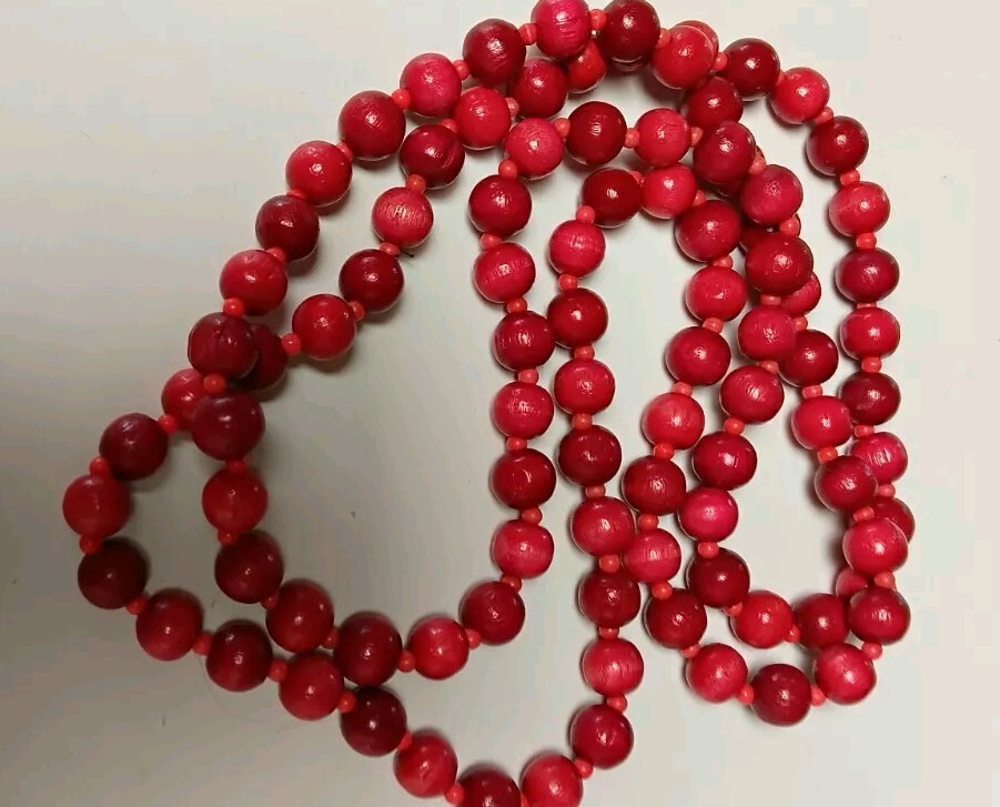 Vintage 135cm Red Carved Wooden & Glass Spacer 11mm Bead Necklace 76 grams