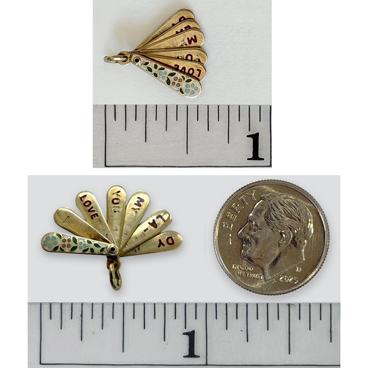 Rare 1930s 14K Gold Enamel Fan Charm Opens Secret Love Message Art Deco