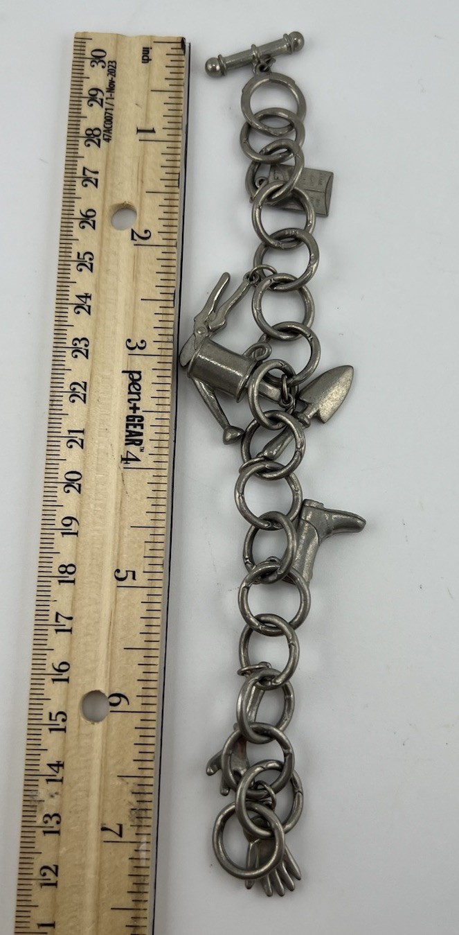 Vintage Gardner Gardening Heavy Pewter Charm Bracelet – Signed Clift