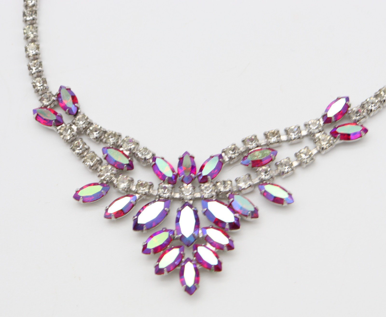 Vtg B. David Rhinestone Necklace Pink AB Red Clear Choker Signed Marquise