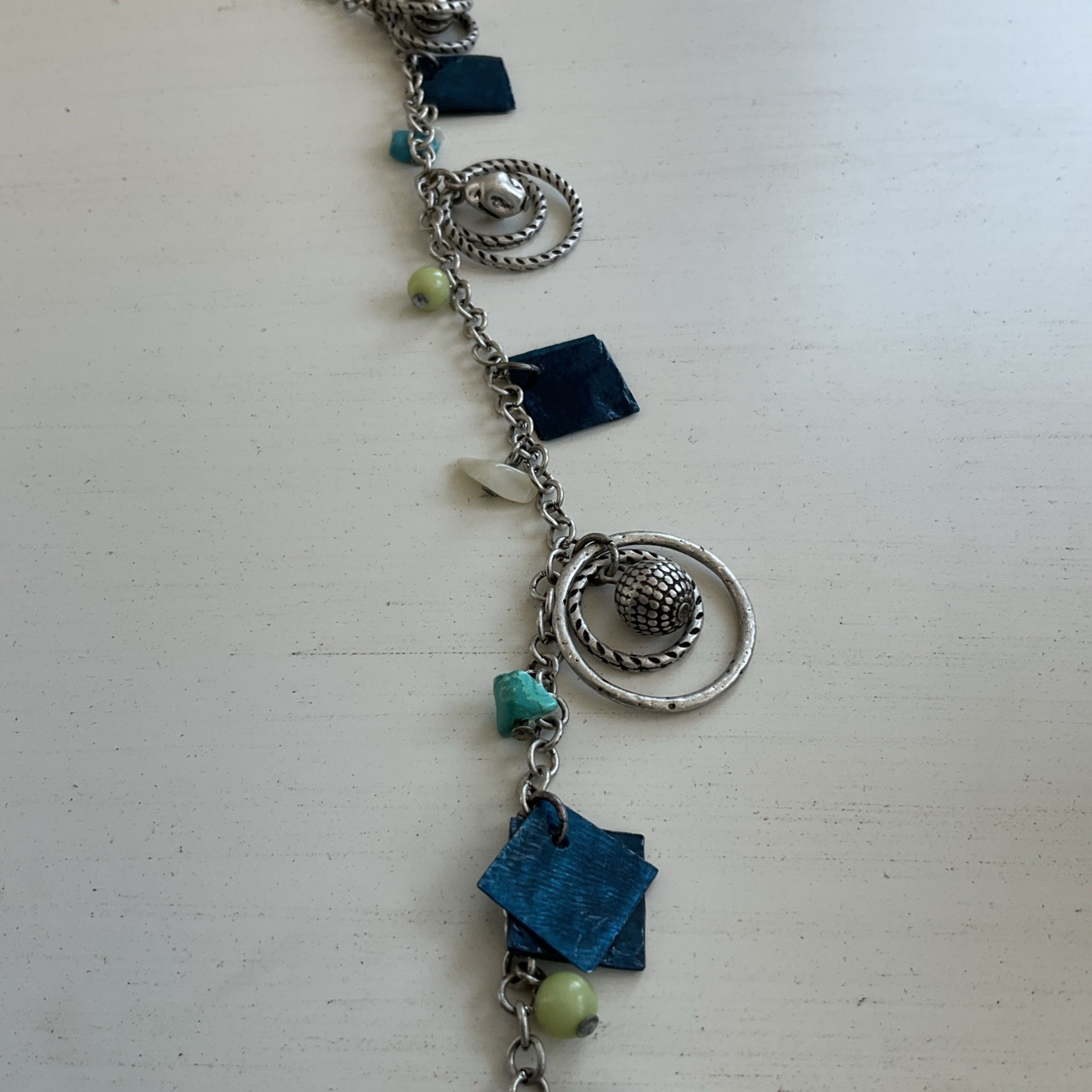 Vintage Women’s Long Dangle Necklace Beaded Blue Shells Green Gypsy Retro