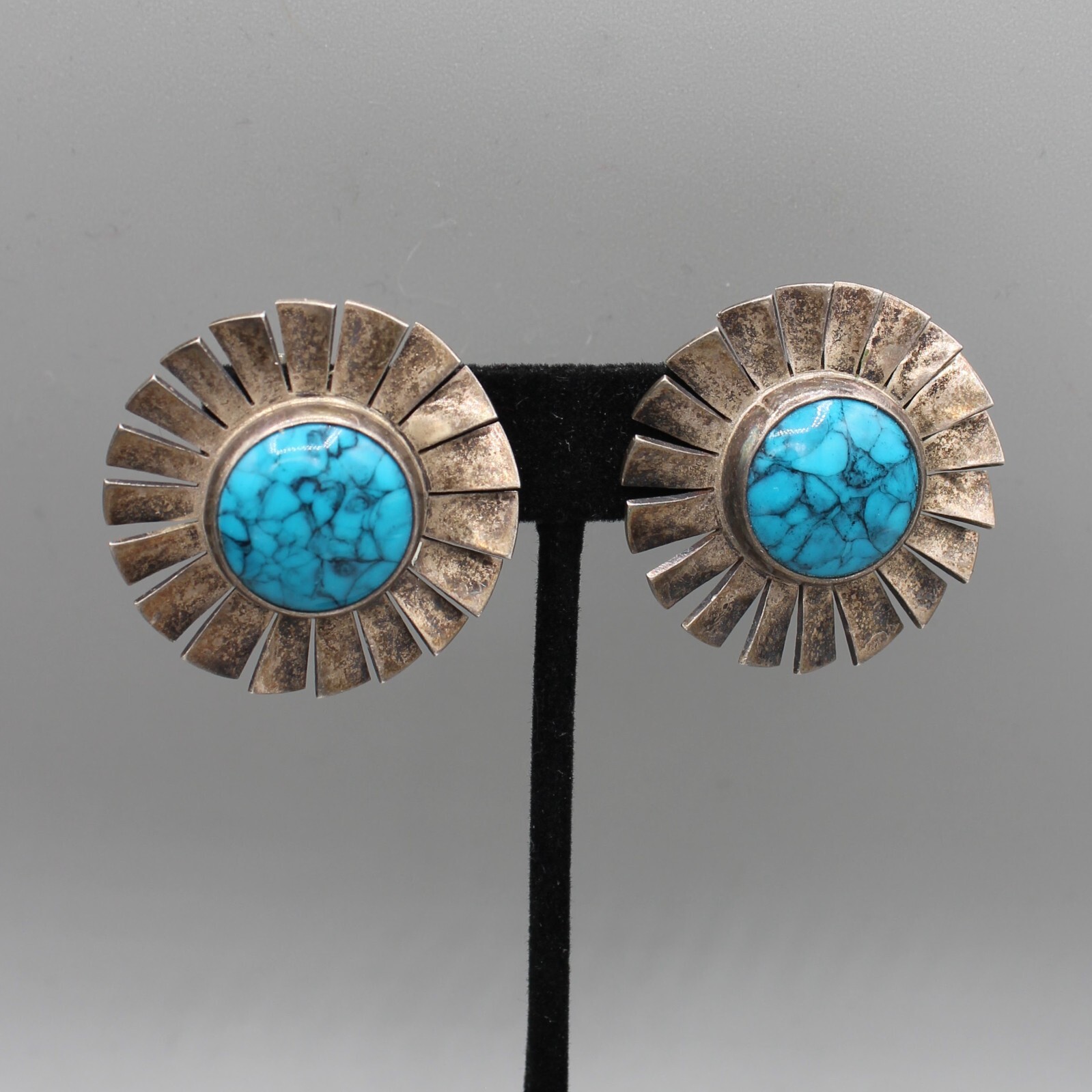 TAXCO 925 Turquoise Earrings Clip-On TL-67 Los Castillo Sunburst Sterling Mexico