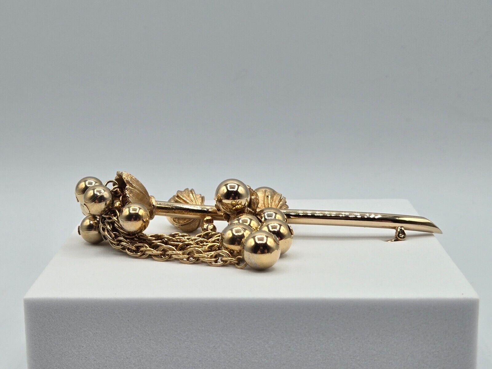 Flower Stem Brooch Gold Tone W/ Chain Tassels & Beads Unsigned Large 3D