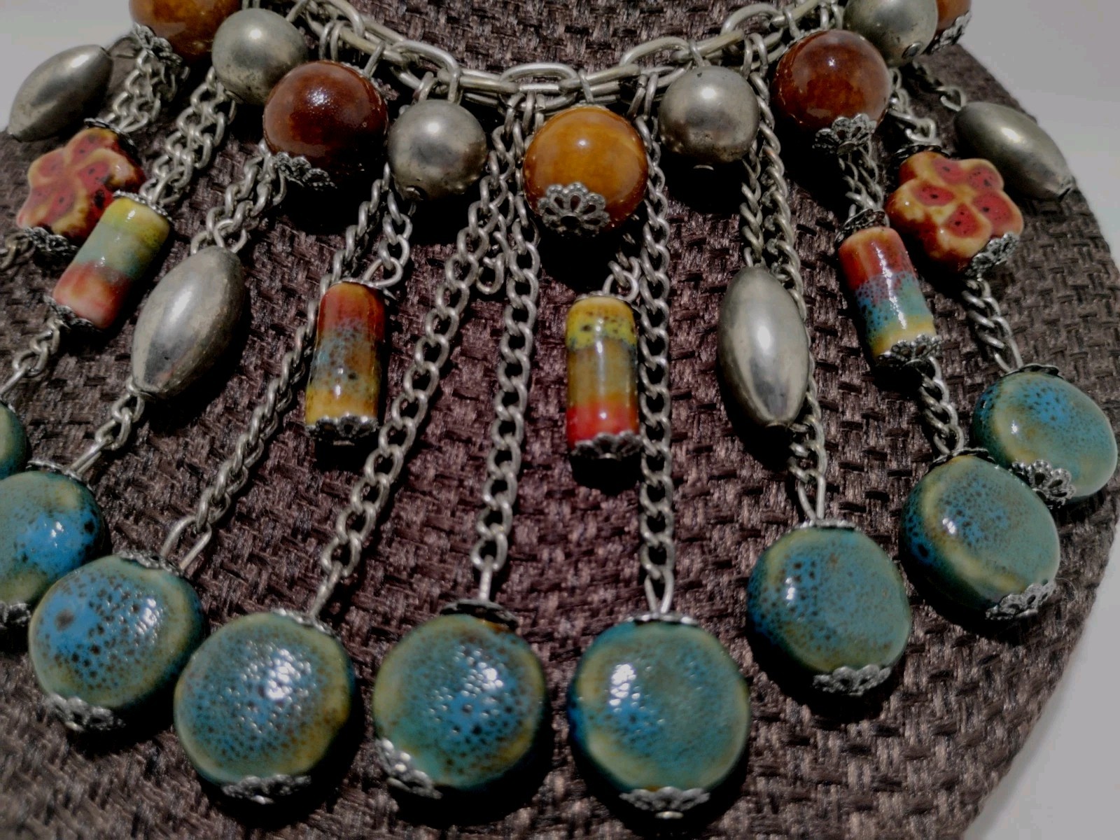 Boho Statement Bib Necklace 17″ Multicolor Ceramic Bead Silver Tone Fringe Style