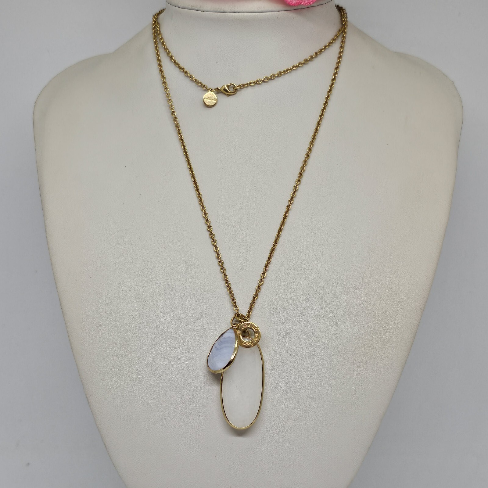 STELLA & DOT Gold Pink Blue Agate stone Charm Pendant Chain Necklace