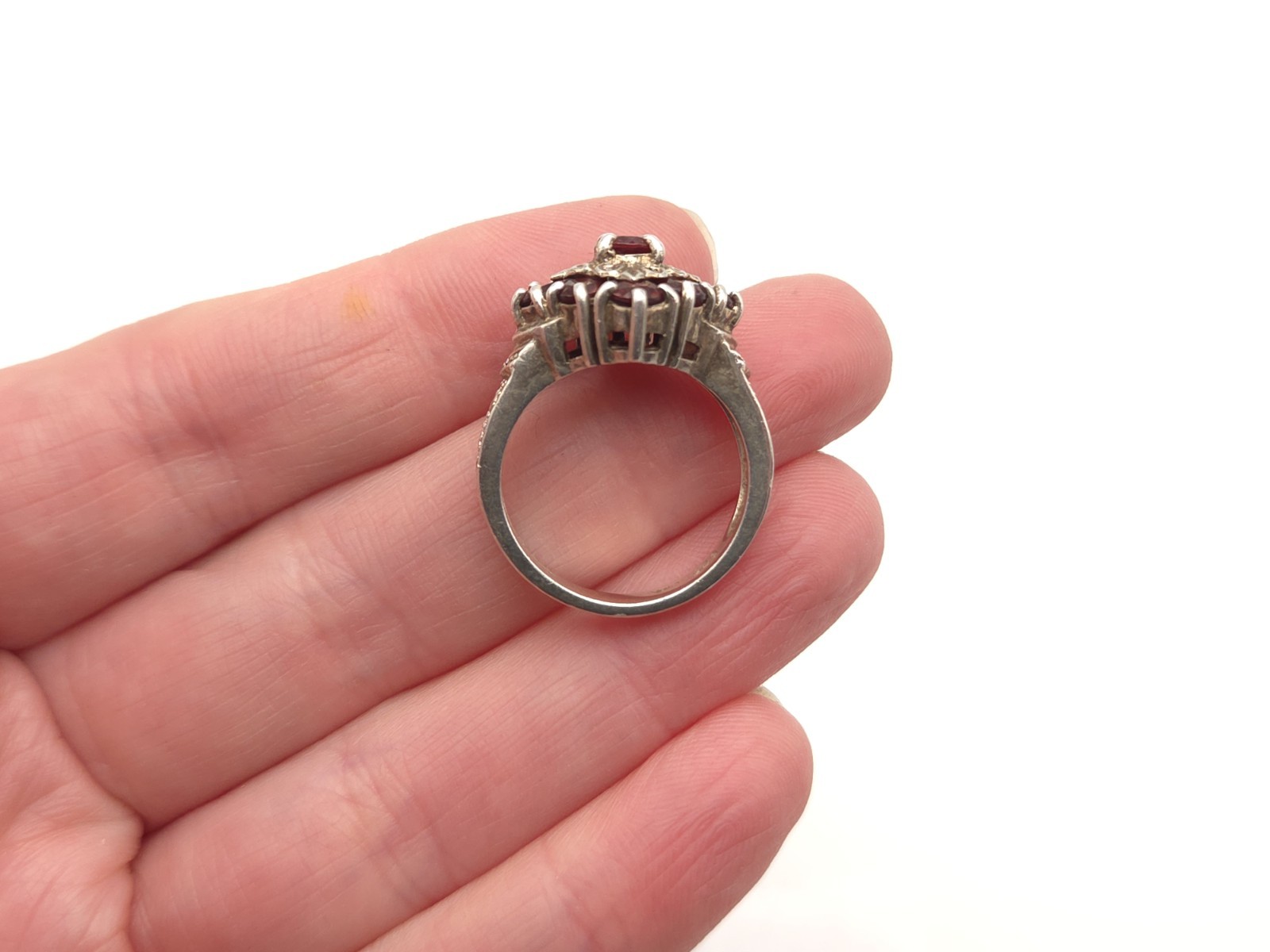 Vintage Sterling Silver Victorian Style Garnet Filigree Ring Signed CNA THAILAND